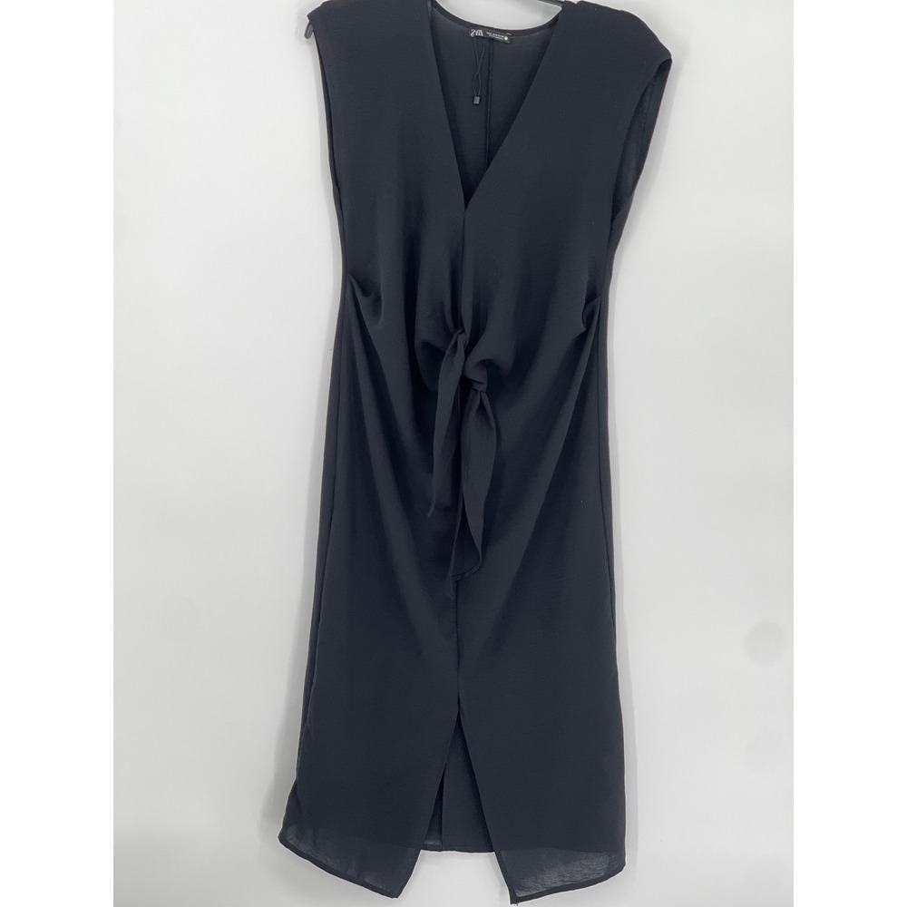 Zara Black Sleeveless V-Neck Tie Front Knot Midi Dress Small